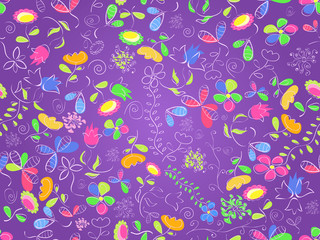 seamless doodle floral pattern background on violet backdrop