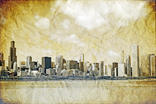 Old Picture Effect - Downtown Chicago with cloudy sky