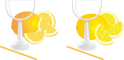 Glasses and pieces of lemon and orange