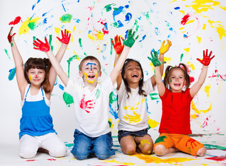 Kids with their palms and clothing painted