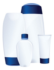 Set of blue cosmetic bottles, vector