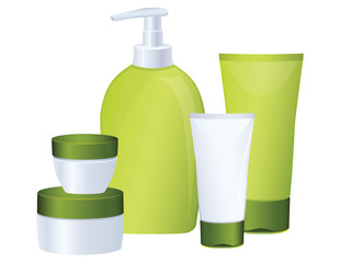 Set of green cosmetic bottles, vector