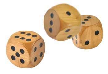 3 Retro wooden dice, 1 dice has just been thrown