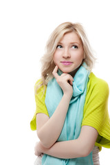 thoughtful young female on white