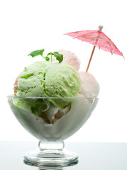 ice cream in a glass vase.