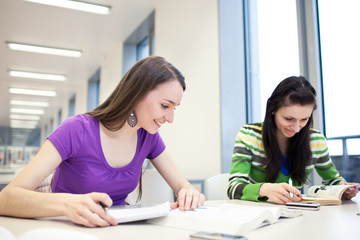 Obraz premium two pretty, young college students in a library