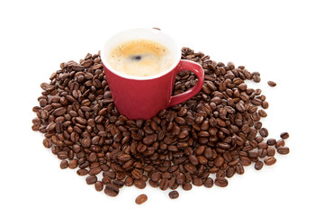 coffee cup and beans over white background