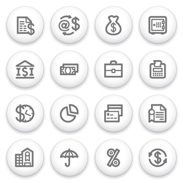 Finance icons on white buttons.