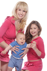 mother and two children over white