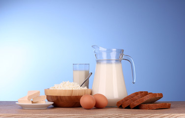 Diary products on wooden table