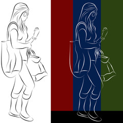 Shopping Girl Line Drawing