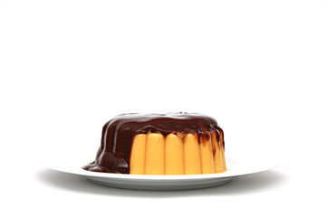 Vanillepudding mit Schokoladensoße auf weiß isoliert