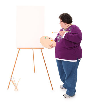 Happy Overwieght Forty Year Old Woman Painting