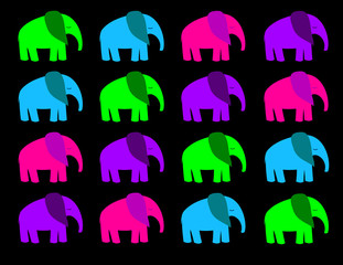 Multicolored elephants on a black background