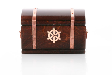 Closed wooden chest with reflection