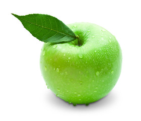 fresh green apple with green leaf