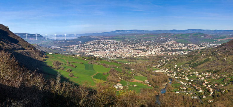 Panoramic view of Millau bridge and town