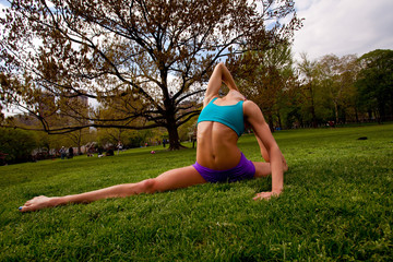 Fototapeta premium Young pretty doing yoga and having fun in Central Park