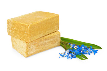 Two pieces of soap with blue flowers