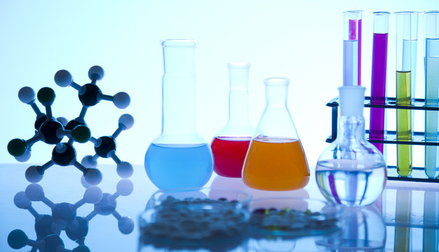 Laboratory flasks containing liquid color