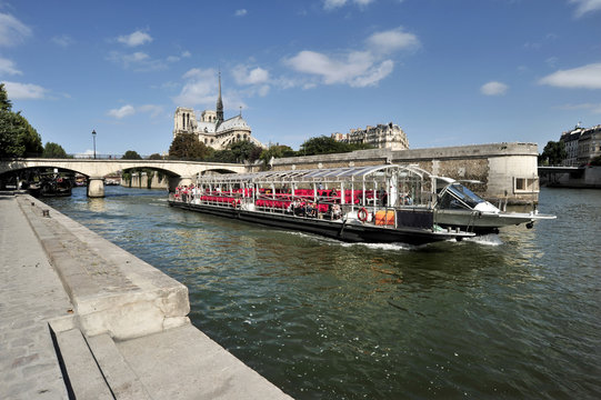 Notre dame de Paris et bateau mouche sur seine à Paris, région Île-de-France, France