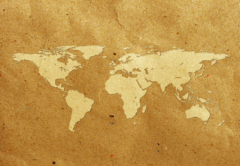 world map recycled paper craft stick on white background
