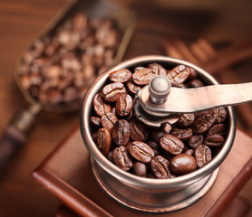 Roasted coffee beans in a coffee grinder.