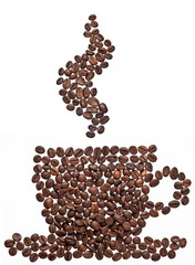 Coffee beans in the form of coffee cup and steam.