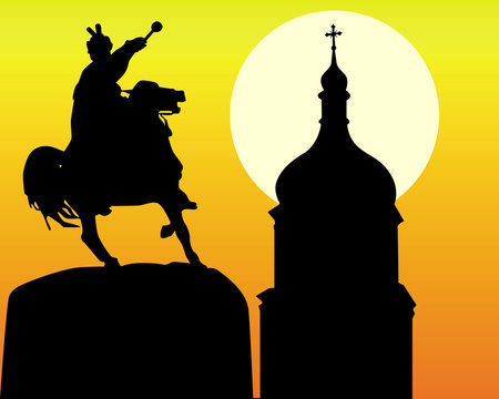 Khmelnytsky monument and tower of the church in Kiev