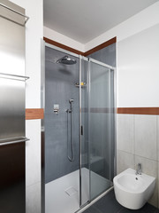 Box doccia con porta di vetro in bagno moderno