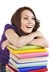 Girl with stack color book .