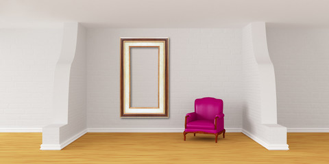 Modern room with picture frame and purple armchair
