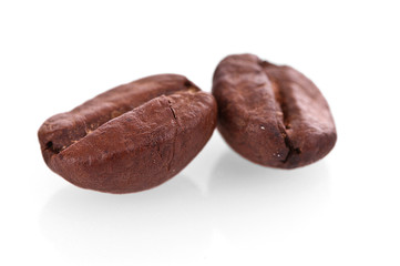Two coffee beans closeup isolated on white