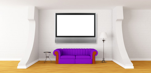Purple couch, table, lamp and lcd tv in modern room