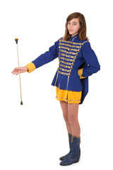 Teenage majorette in uniform twirling a baton
