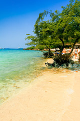 Seaside paradise island, tide, white sand on the shore