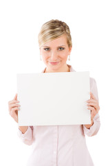Fototapeta premium Businesswoman hold empty banner in front