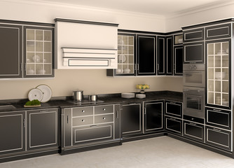 Modern black kitchtn.