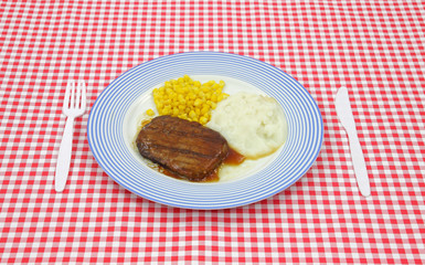 Salisbury steak gravy dinner on red checkerboard cloth