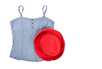 Blue Tank Top and Red Cotton Hat Isolated on White