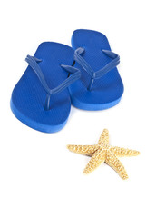 Starfish on Blue Flip Flop Isolated on White