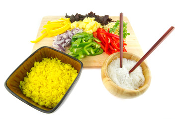 Chinese noodles and rice with vegetable ingredients