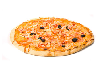 Pizza with sauce, cheese, ham, sausage, tomato, pork, mushrooms,