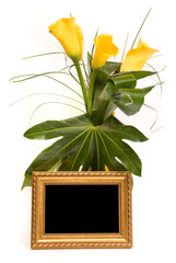 Beautiful bouquet of callas and golden frame on a white