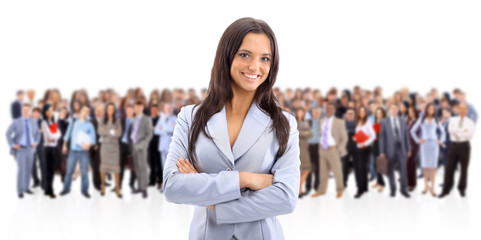 Leader and her team, Young attractive business people