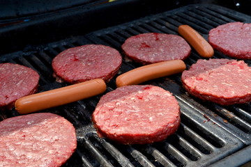 Raw Hamburgers and Hotdogs on a Grill