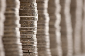 Close-up stacks of 2 Euros Coins