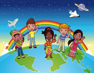 Zelfklevend Fotobehang Kinderen op de wereld. Vector geïsoleerde karakters en items. © ddraw