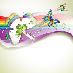 Background with clover and drops of water over rainbow