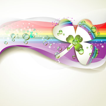 Background with clover and drops of water over rainbow